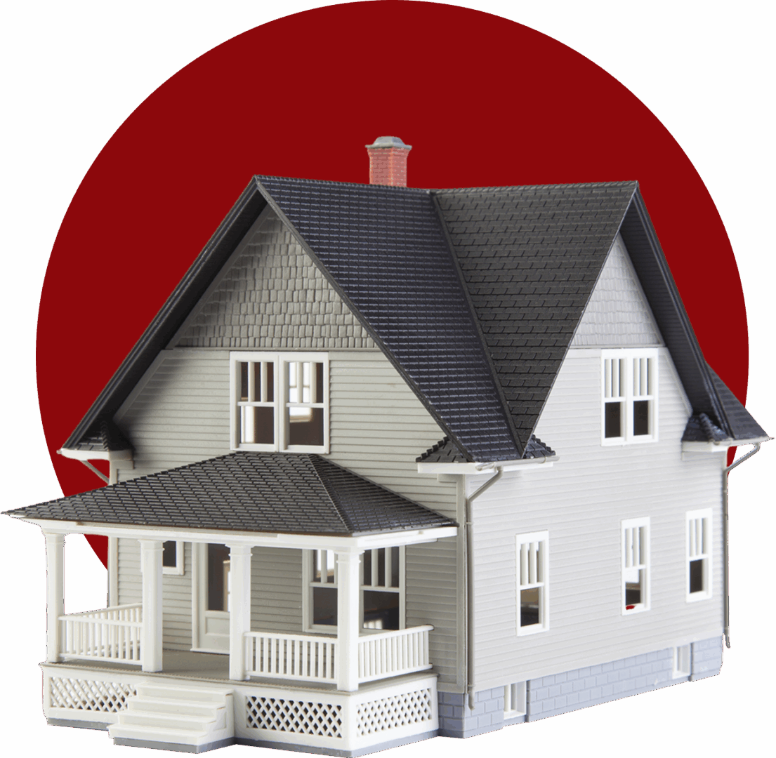 Model house with red circle background.
