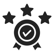 Award icon with checkmark and three stars.