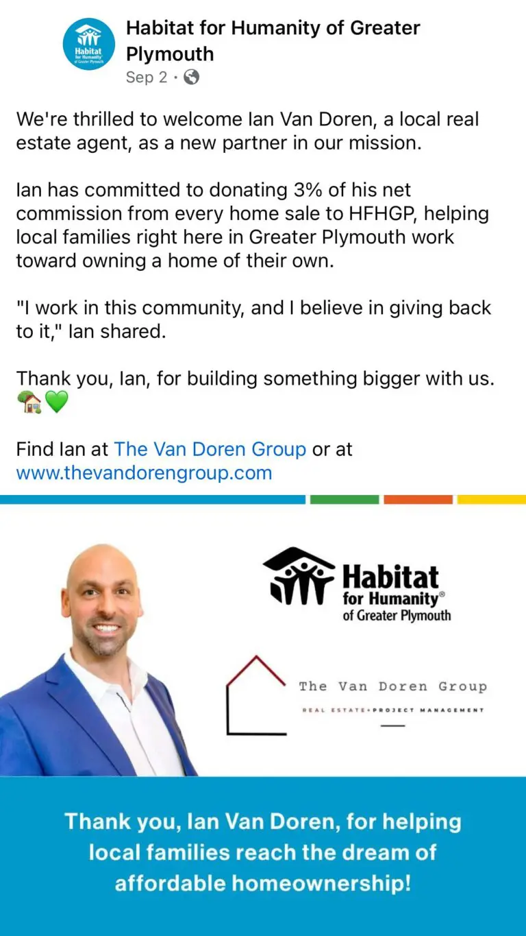Facebook post from Habitat for Humanity of Greater Plymouth welcoming Ian Van Doren as a new partner and announcing his commitment to donate 3% of his net commission from every home sale